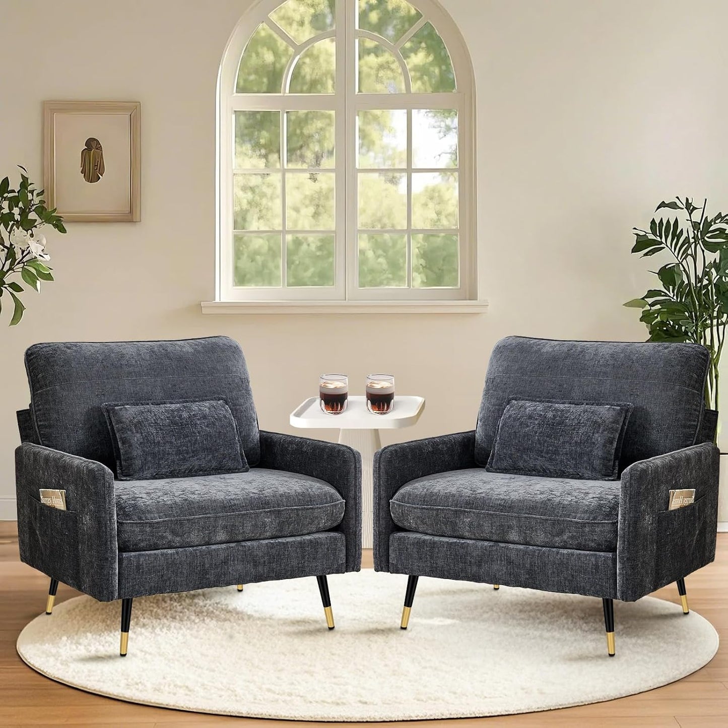 38.6" Wide Oversized Accent Chair with Lumbar Pillow, Modern Chenille Armchair Living Room Chair with 8" Metal Legs, Single Sofa Chair for Bedroom, Living Room, Dark Gray