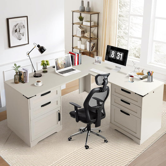 TITIMO 60" Executive L Shaped Desk with Drawers, Farmhouse Home Office Desk with Charging Station, Wood Corner Computer Desk with File Cabinet, Writing Computer Desk for Work and Study (Light Gray)