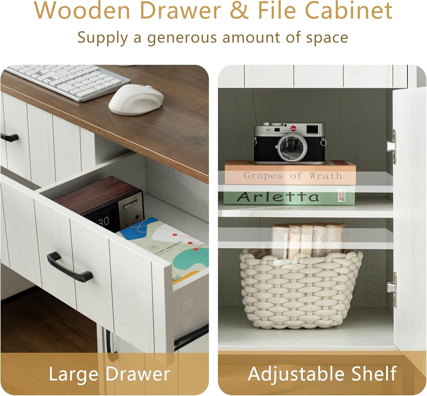 White Desk with Storage, 47 inch Farmhouse Style Desk with Drawers - 2 Drawers & File Drawer, Home Office Computer Desk with Storage Cabinet