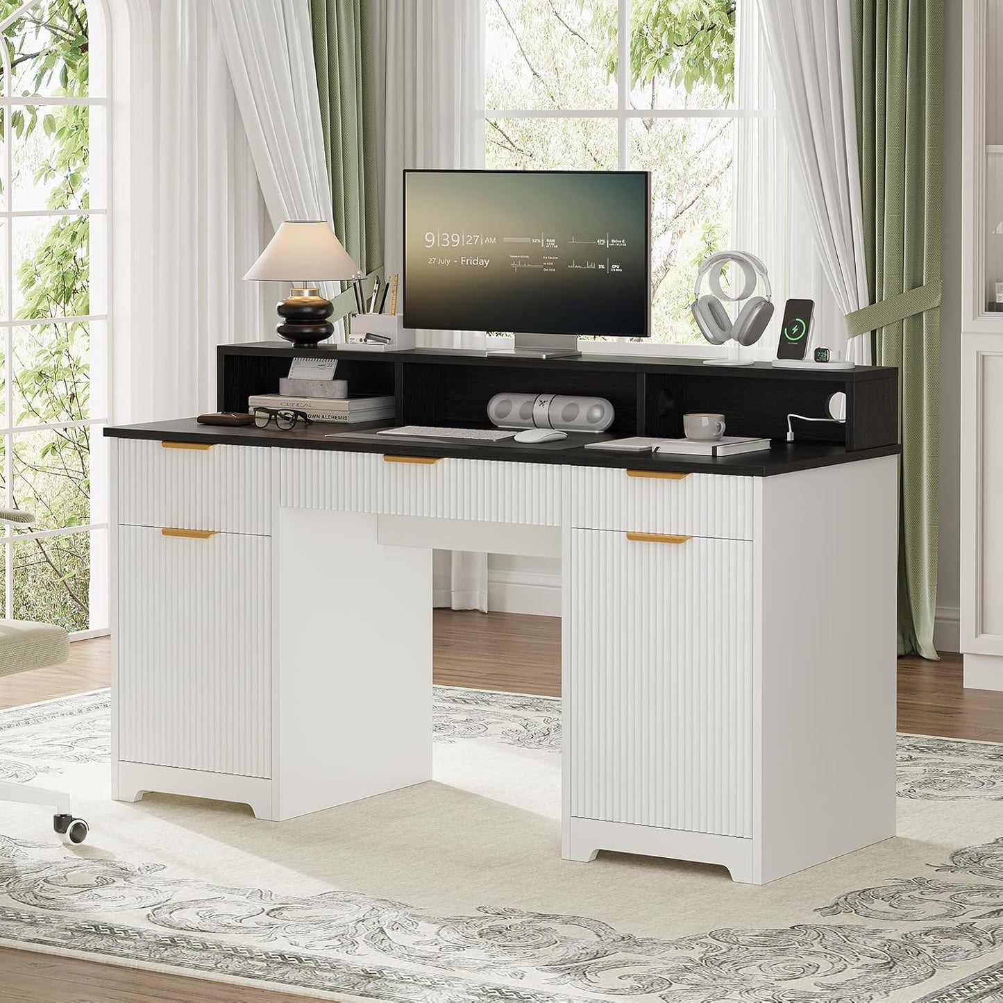 59" Executive Desk, Fluted Office Desk with Power Outlets Long Monitor Stand, Large Home Office Desks with 3 Drawers & 2 Storage Cabinet, Computer Writing Desk for Study Bedroom, White