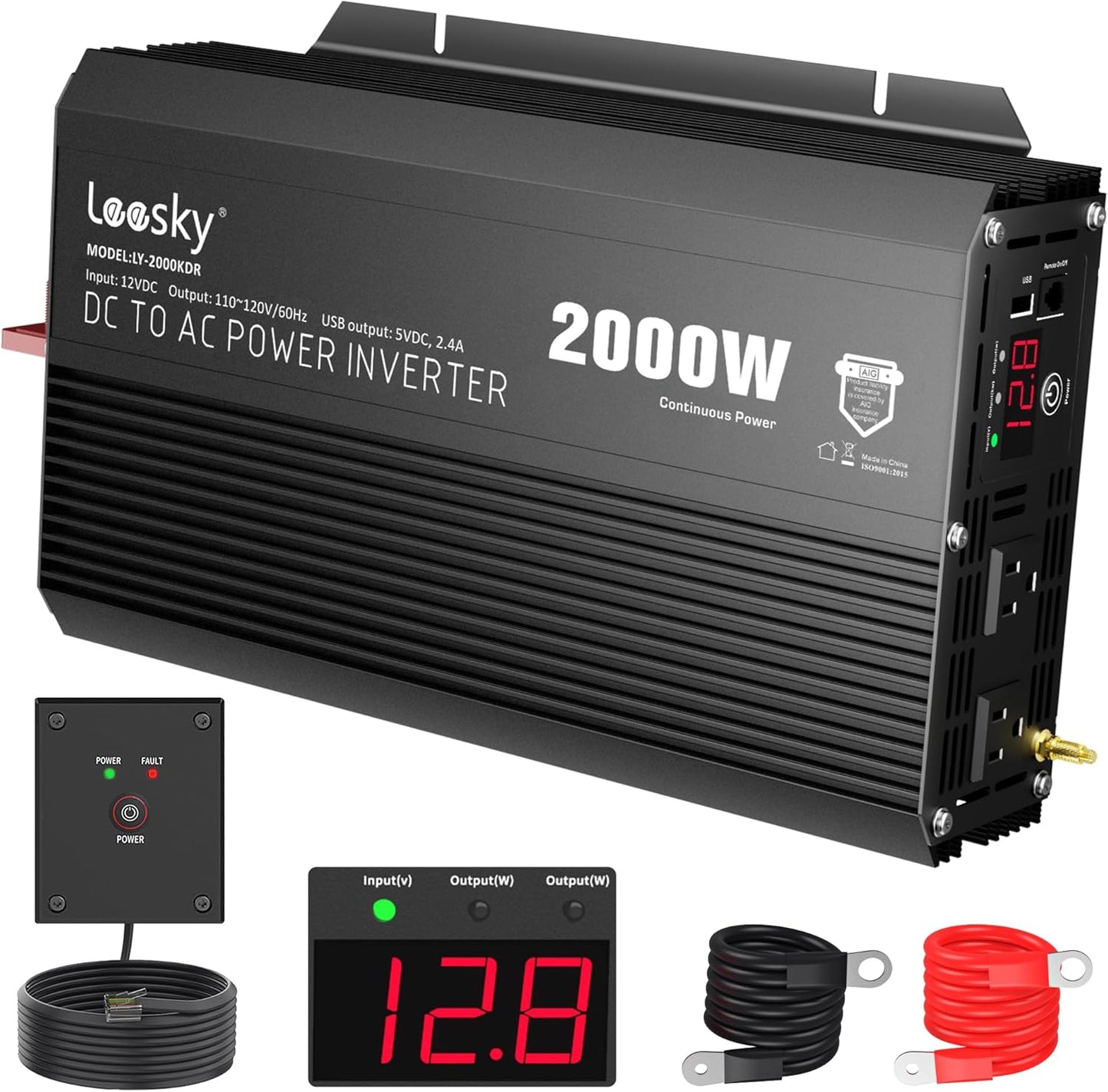 2000 Watt Pure Sine Wave Inverter, 12V DC to 120V AC Converter for RV Truck Off-Grid Solar Home Power Inverter with 3 AC Outlet, 5V 2.4A USB, Remote Control Compatible with Lithium Battery by LEESKY