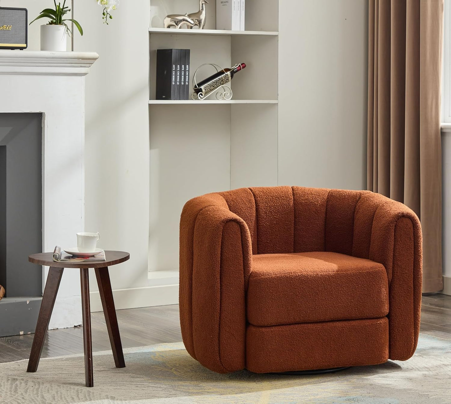 Swivel Accent Chairs Set of 2 for Living Room, Pumpkin Shaped Single Club Sofa Chair, Teddy Fabric 360 Degree Round Swivel Barrel Armchair for Home Bedroom Apartment Office (Brown)