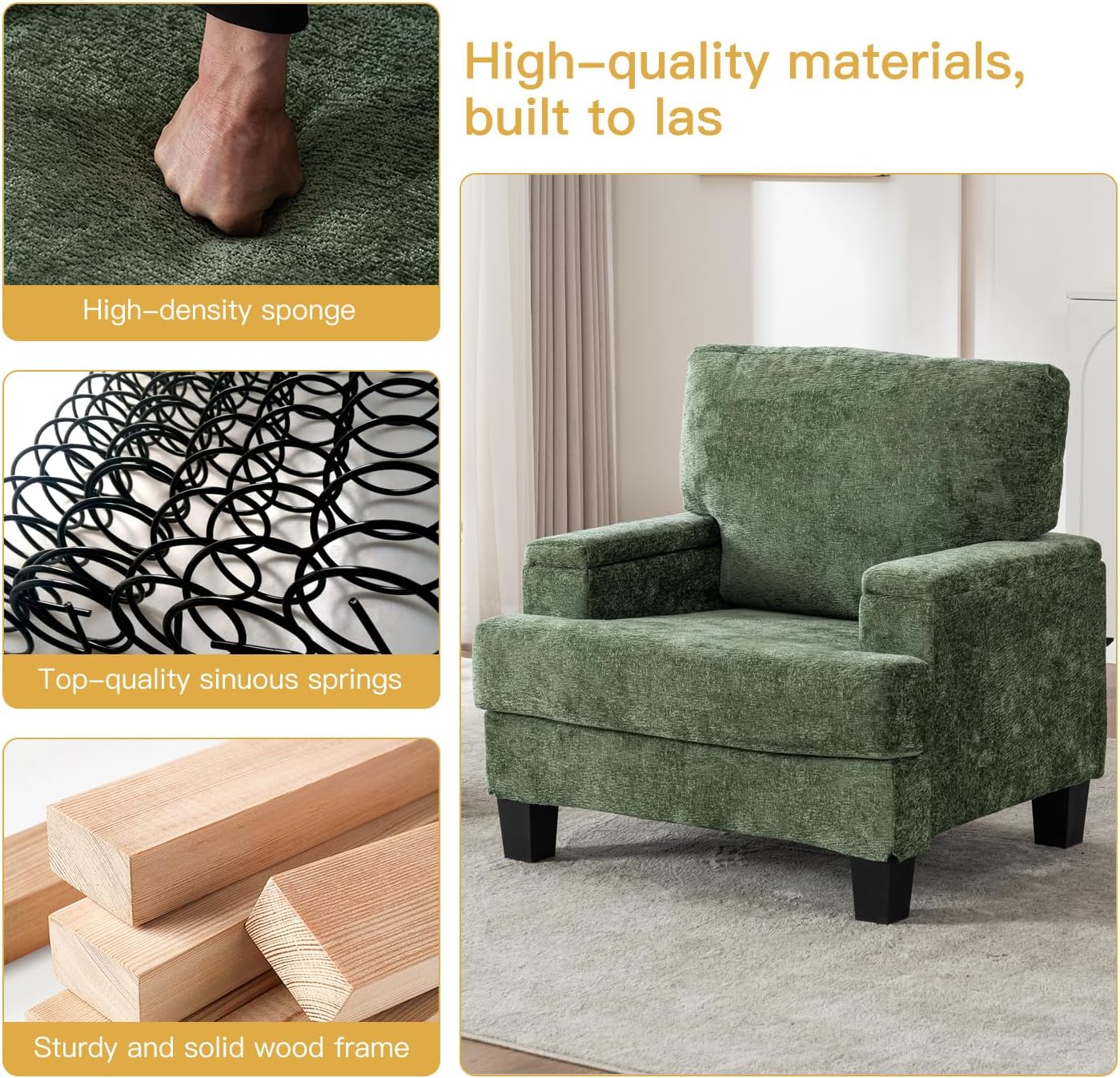 Oversized Accent Chair, Comfy Living Room Chairs with High-Density Sponge & Breathable Fabric, 32"x34"x38" Reading Chair, Cozy Armchair for Bedroom (2, Green, Oversized)