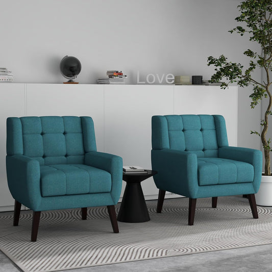 Accent Chairs Set of 2, Modern Fabric Upholstered Armchairs for Living Room, Comfy Arm Chairs Tufted Back and Solid Wood Legs for Bedroom Office Room (Light Blue)