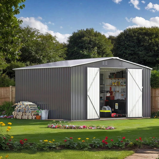 10 x 12 FT Outdoor Storage Shed, Metal Waterproof Storage Shed Steel Utility Garden Tool Shed with Door & Lock Outdoor Storage for Garden Patio Lawn Poolside Black