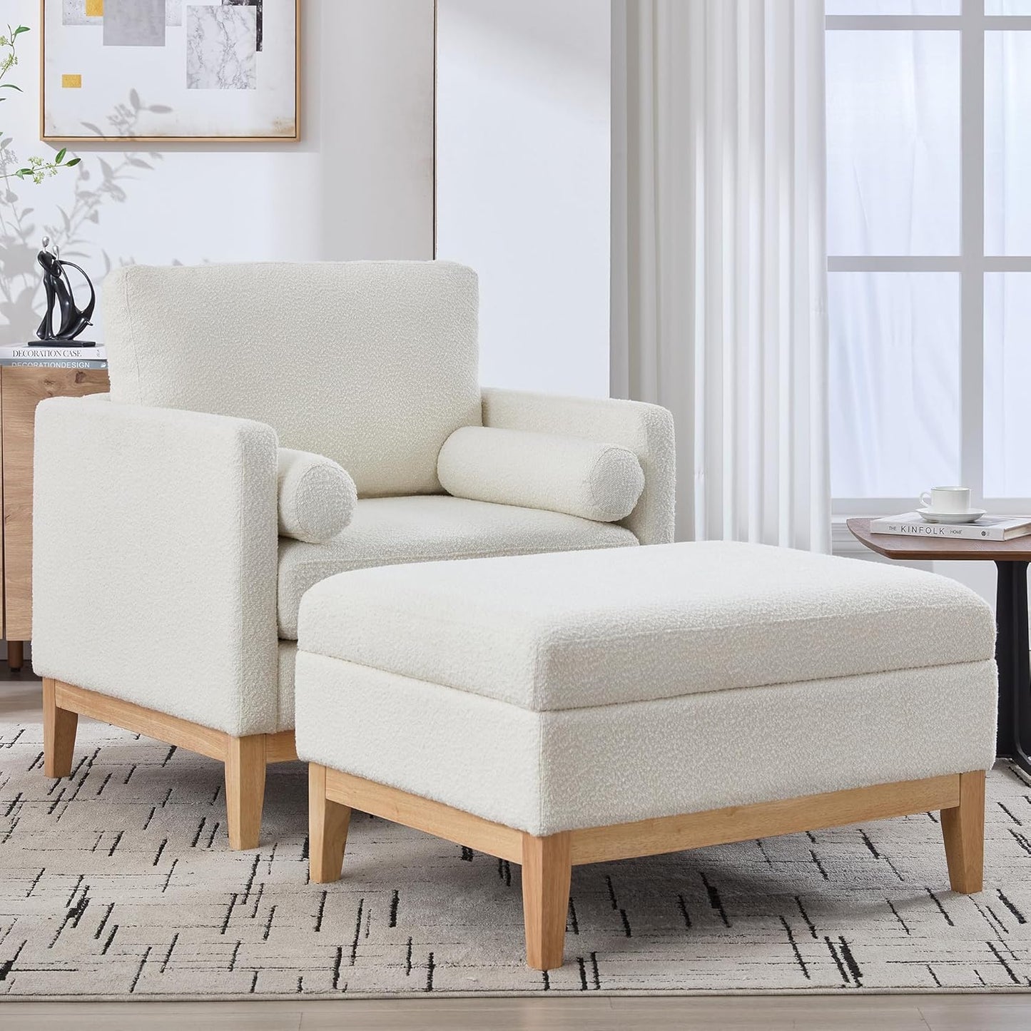 Yowan&Sillan 35.4" Wide Large Armchair Oversized Accent Chair,Modern Boucle Comfy Living Room Bedroom Reading Chairs Single Sofa,Black Wood Leg,Chairs for Lounge,Study,Office,Reception,Black
