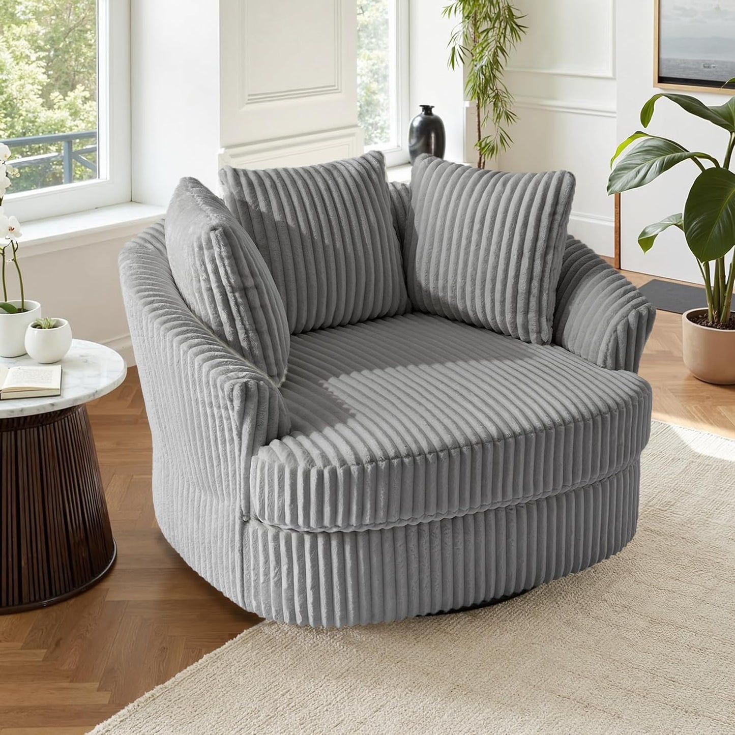 UIXE 43" W Oversized Swivel Accent Chair, Faux Fur Round Barrel Chair Comfy Upholstered Armchair for Living Room, Chaise Lounge Indoor Single Sofa Reading Seat - Dark Camel