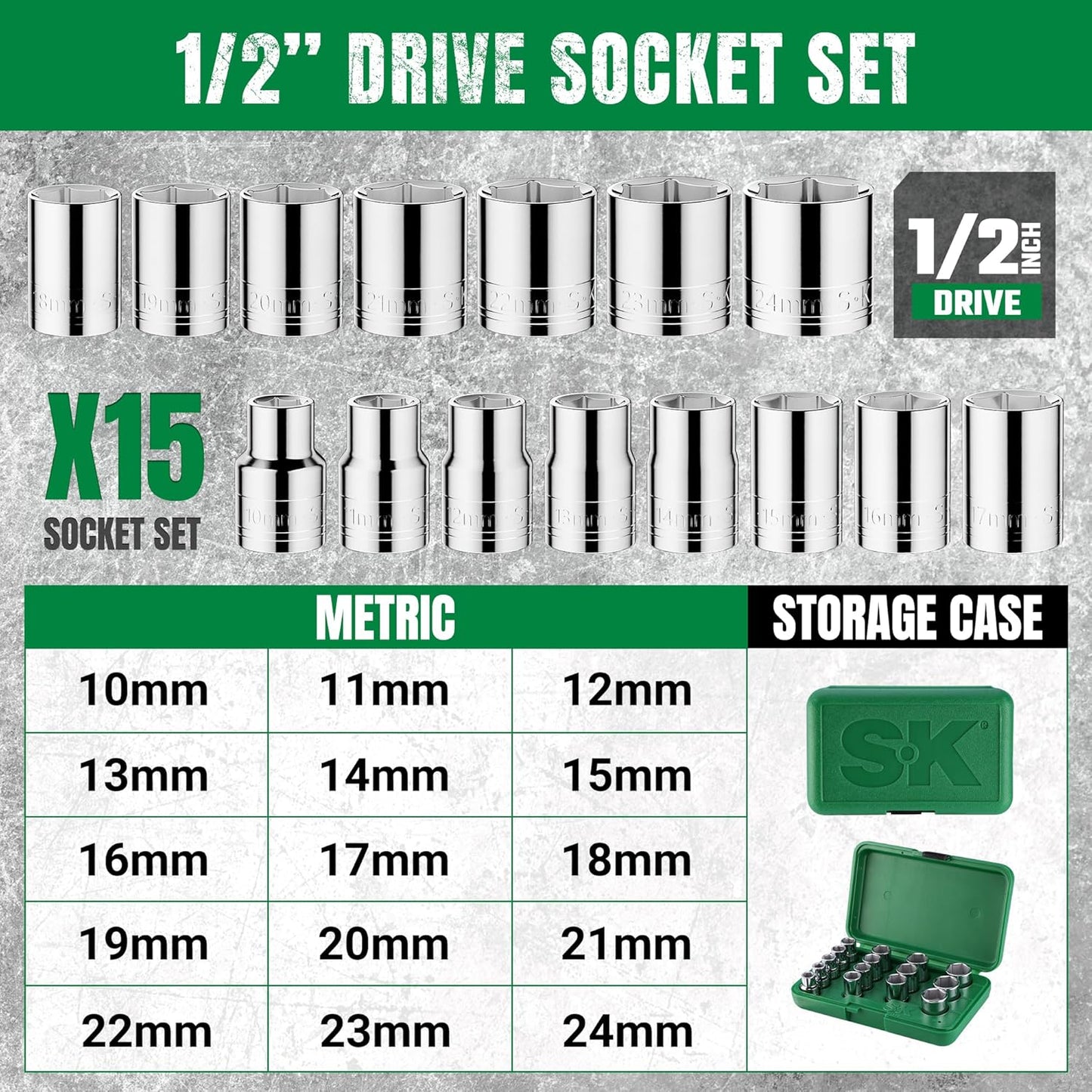 SK Tools USA 1/2"Drive Socket Set, Metric Sockets, 15-Piece 10-24mm, SuperKrome Finish, Premium CR-V Construction, 6 Point, with Storage Case