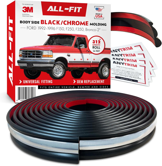 All-Fit Automotive Replacement Old Style Body Side Molding (2") – OEM Grade Black and Chrome Trim Fits 1992–1997 Ford F150, F250, F350 & Bronco OBS – Easy to Install Truck Accessories (26 Ft Roll)