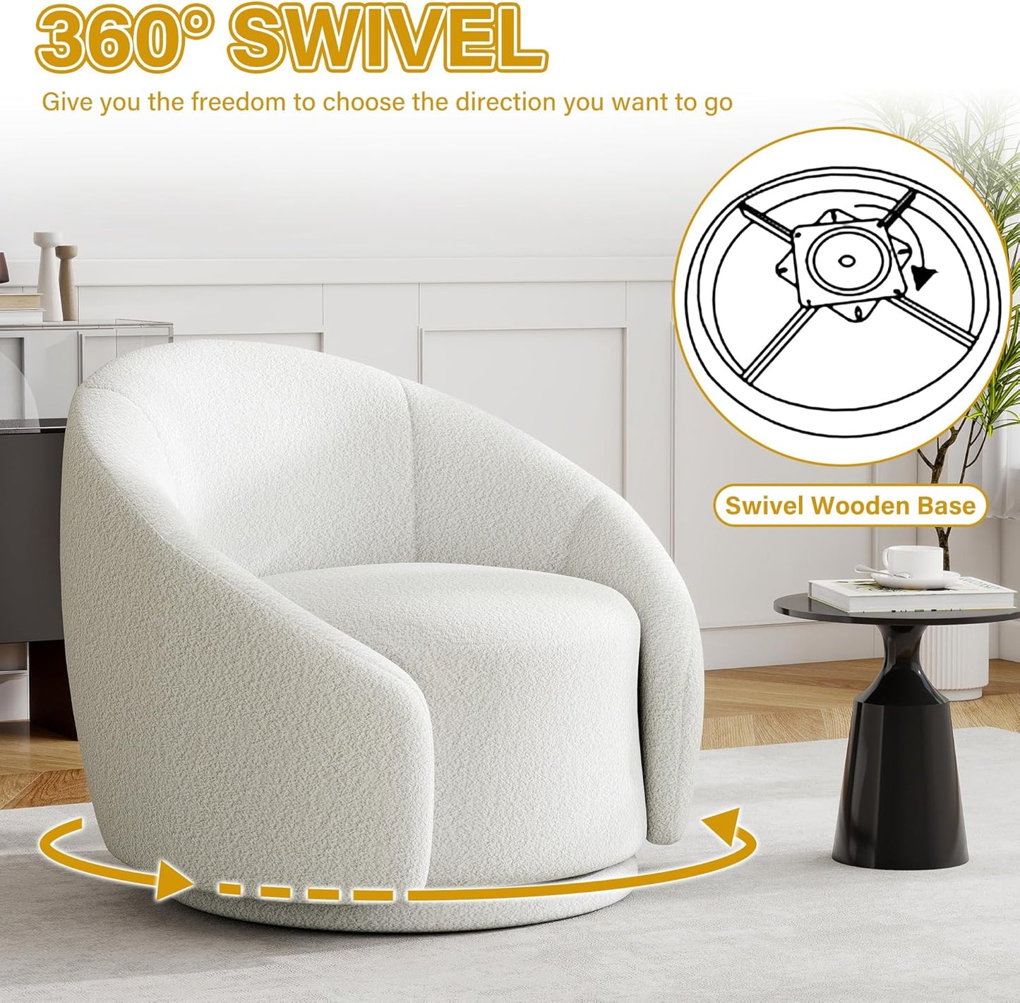 UIXE Swivel Accent Chair, Boucle Barrel Chair Upholstered Arm Chair for Living Room, Modern Round Club Chair with Turntable Base - White, Set of 1