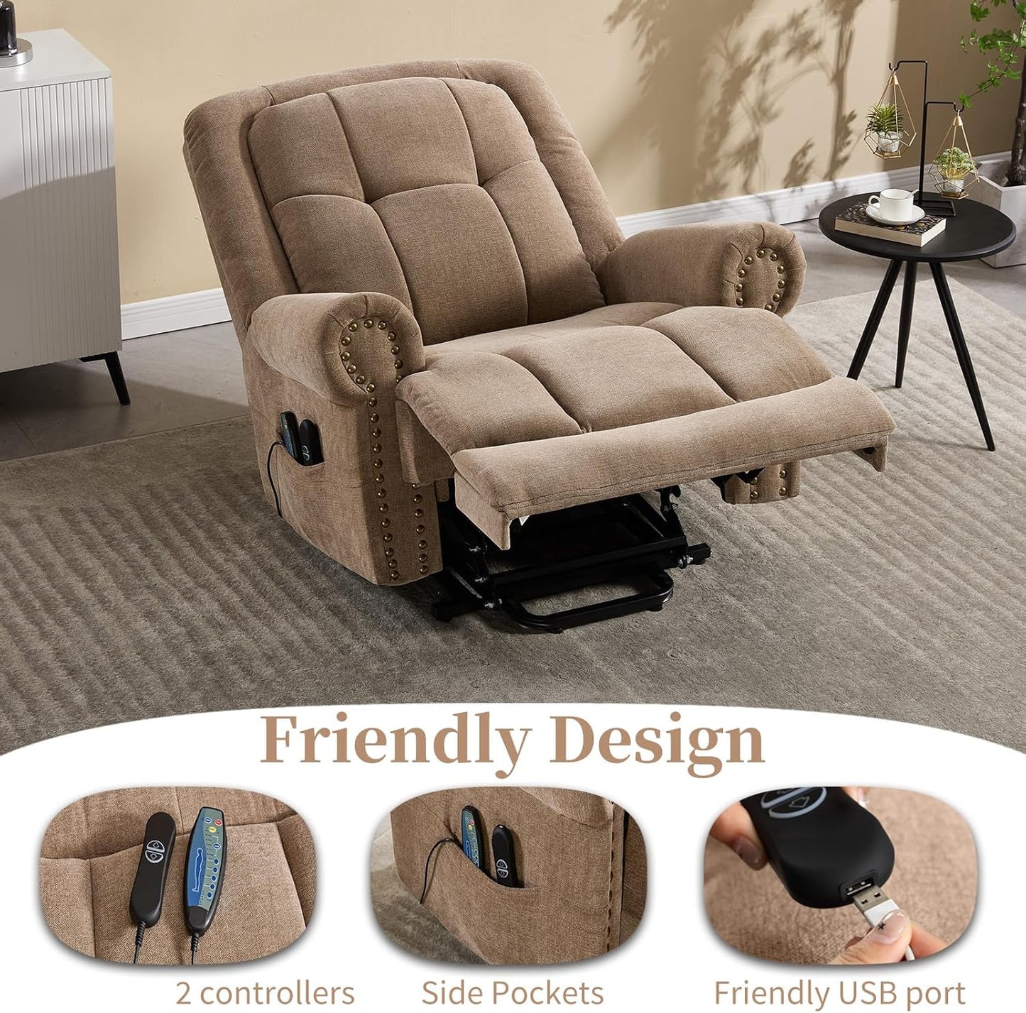 CANMOV 46" Wide Power Lift Recliner Chair for Elderly, Extra Large Electric Recliner, with Massage and Heat, Antiskid Fabric Recliner, USB Charger & Side Pockets, for Living Room, Brown