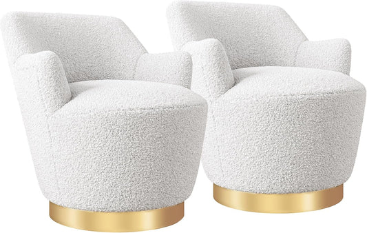 BELLEZE Swivel Barrel Chair, Modern Round Velvet Swivel Accent Chair, Curved Backrest 360° Swivel Single Sofa Armchair, Comfy Swivel Accent Chair for Living Room Bedroom [Set of 2] - Masa (White)