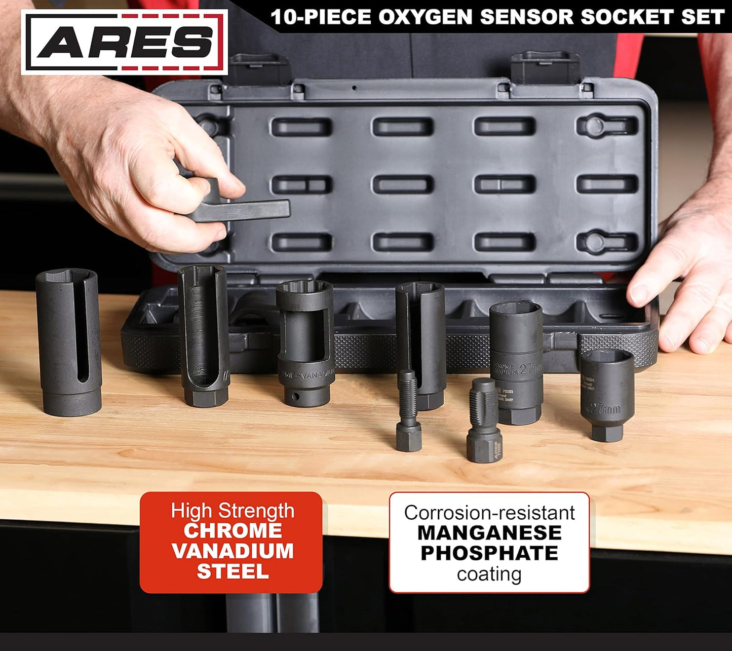ARES 70318 10-Piece Oxygen Sensor Kit - Thread Chasers, Sockets for Oxygen Sensors, Injectors, & Oil Sending Units - Chrome Vanadium Steel
