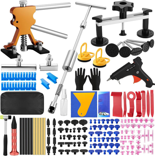161Pcs Car Dent Puller Kit, Body Repair Tools Paintless Dent Removal Tool with Adjustable Dent Lifter & Bridge Puller, Hail Damage Repair Kit for Car Refrigerator Door Ding - Gold