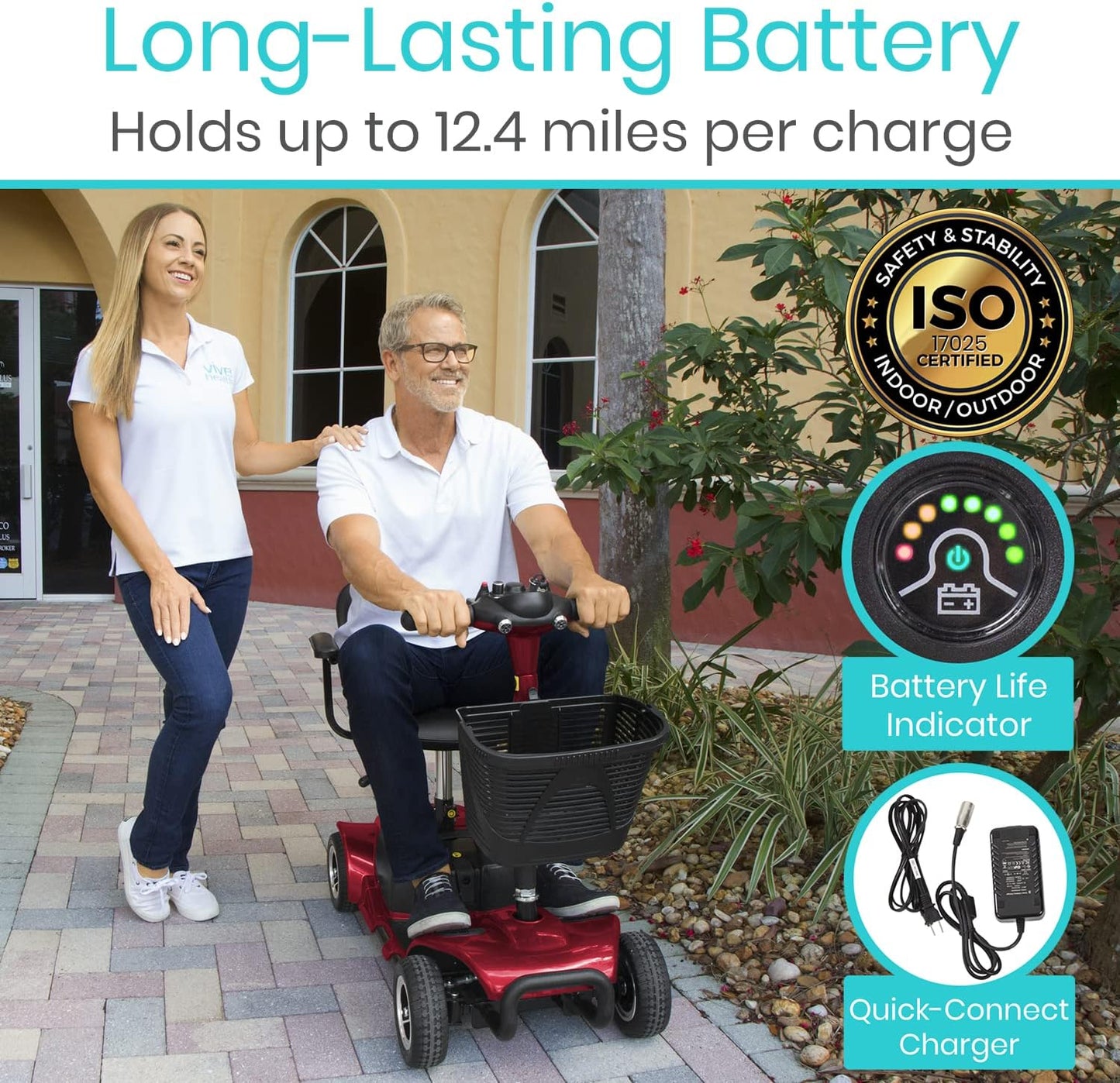 Vive 4 Wheel Mobility Scooter - Electric Powered Wheelchair Device - Compact Heavy Duty Mobile for Travel, Adults, Elderly - Long Range Power Extended Battery with Charger & Basket