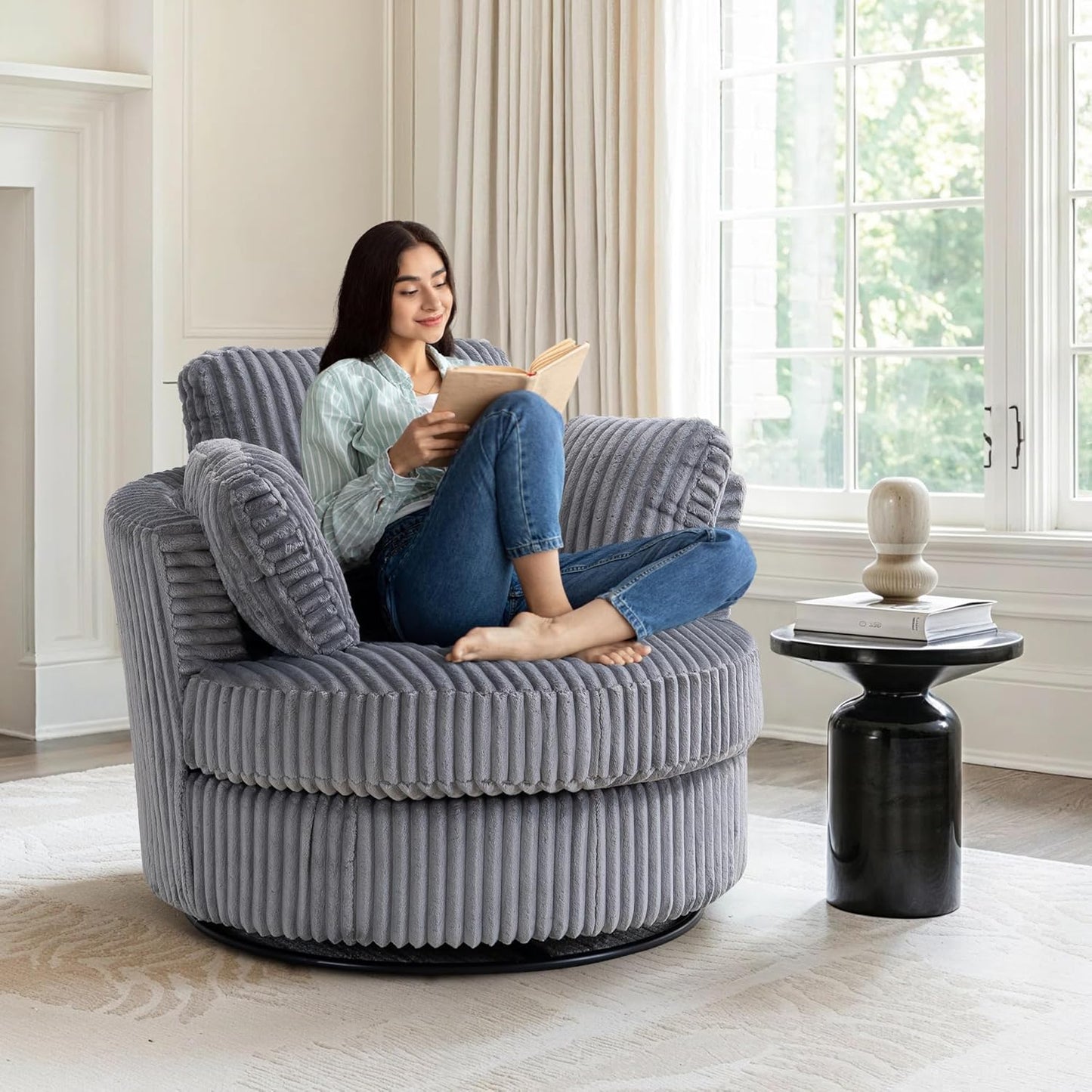360-Degree Swivel Accent Chair Plush Corduroy & Foam-Filled Chaise Lounge Chair for Indoor Living Room & Bedroom, 40" Oversized Modern Design Round Barrel Chair, Comfortable Seating, Blue