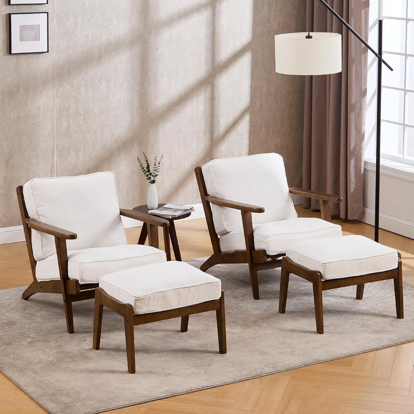 Comfy Accent Chair with Ottoman, PU Faux Leather Living Room Reading Chair Armchair, Upholstered Side Chair Mid Century Modern Sofa Lounge Chair for Bedroom/Guest Room, Brown