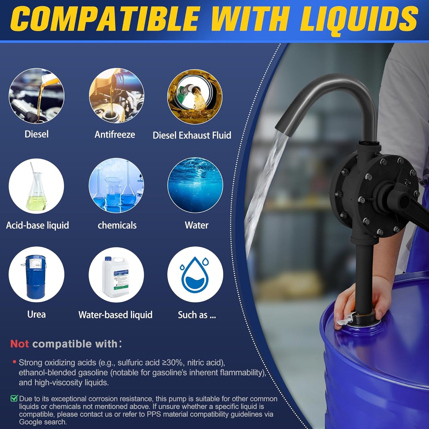 15-55 Gallon Drum Pump, 10 GPM Flow, Manual Rotary Barrel Pumps, Corrosion-Resistant Chemical Pump for Rapid Transfer of Water, Cleaners, Fuel, Corrosive Chemicals, and More