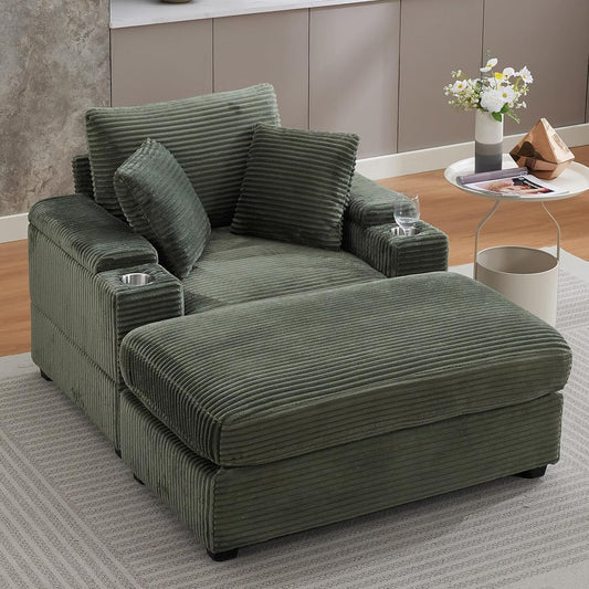 50" Oversized Chaise Lounge Chair Indoor with Ottoman and Storage, Deep Seat Upholstered Reading Chair, Comfy Corduroy Sleeper Chair with Cup Holder, Reclining Chair for Living Room, Bedroom, Green
