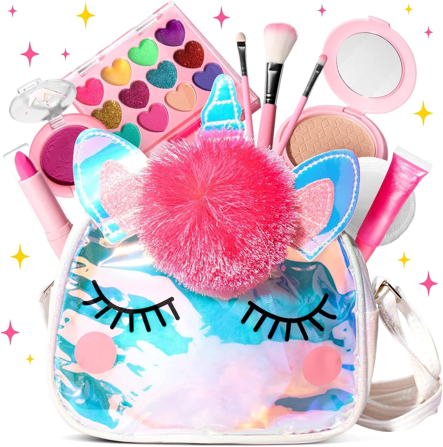 ULOVEME Kids Real Makeup Kit for Girls with Fluffy Purse - Real, Non Toxic, Washable Make Up Toy - Umicorn Toys Gift for 3 4 5 6 7 8 Years Old Girls Birthday (Pink Umicorn)