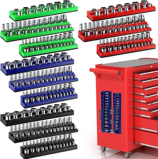 12 Pcs Magnetic Socket Organizer Set Compatible with SAE and Metric Magnetic Holders 1/4'', 3/8'', 1/2'' Drive Socket Trays Hold 286 Standard and Deep Size, No Sockets(Colors A)