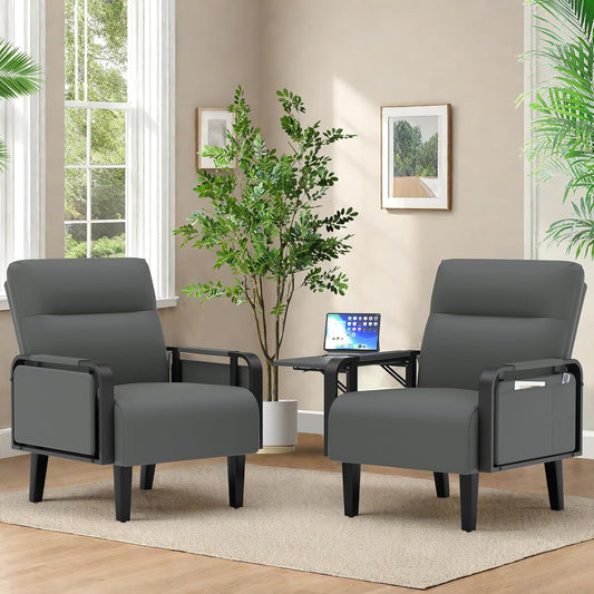 Upholstered Accent Chairs Set of 2, Faux Leather Armchair with Tray Table, Comfy Reading Chair for Living Room, Bedroom, Guest Room, Gray
