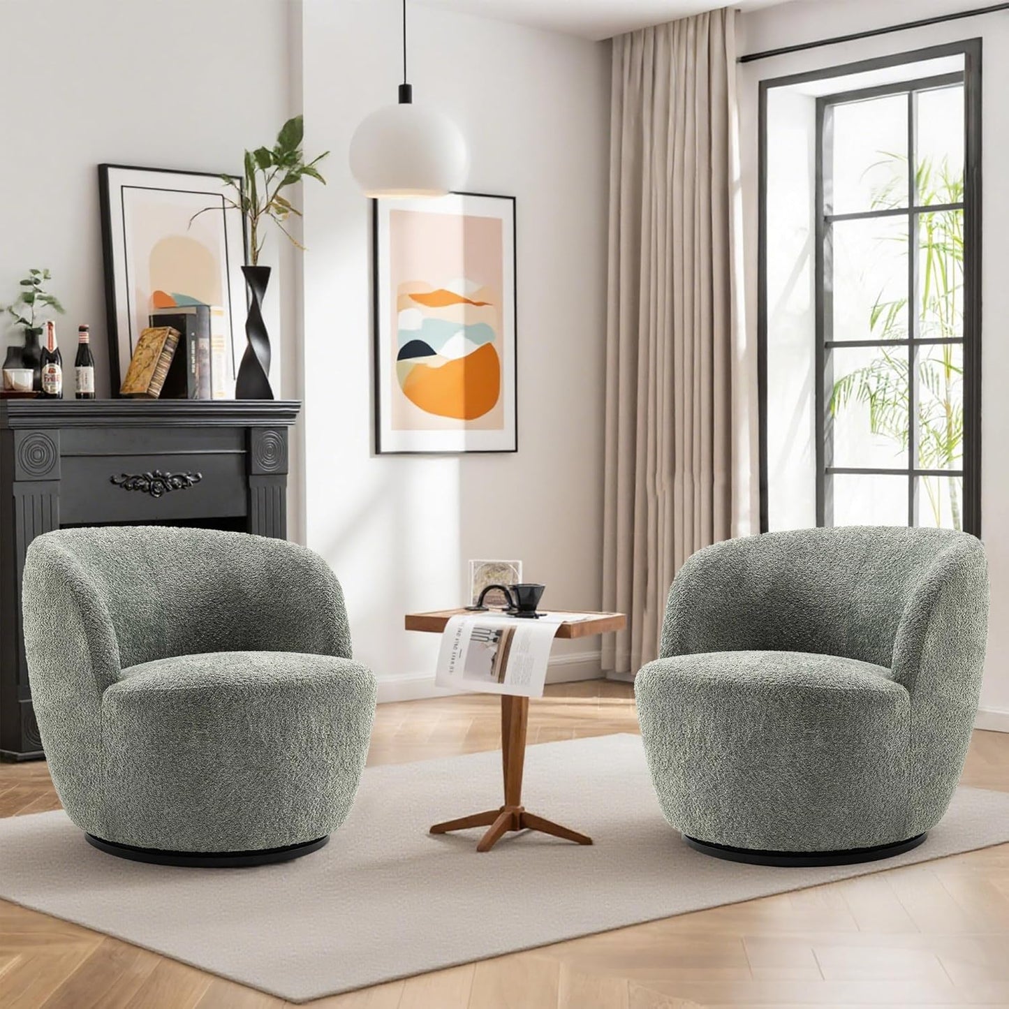 Rowill 30" Wide Swivel Barrel Accent Chair, Modern Upholstered Round Chairs with Curved Back and Soft Cushion, Boucle Fabric Padded Armchair Single Sofa for Living Room, Bedroom, Reading Room, Beige