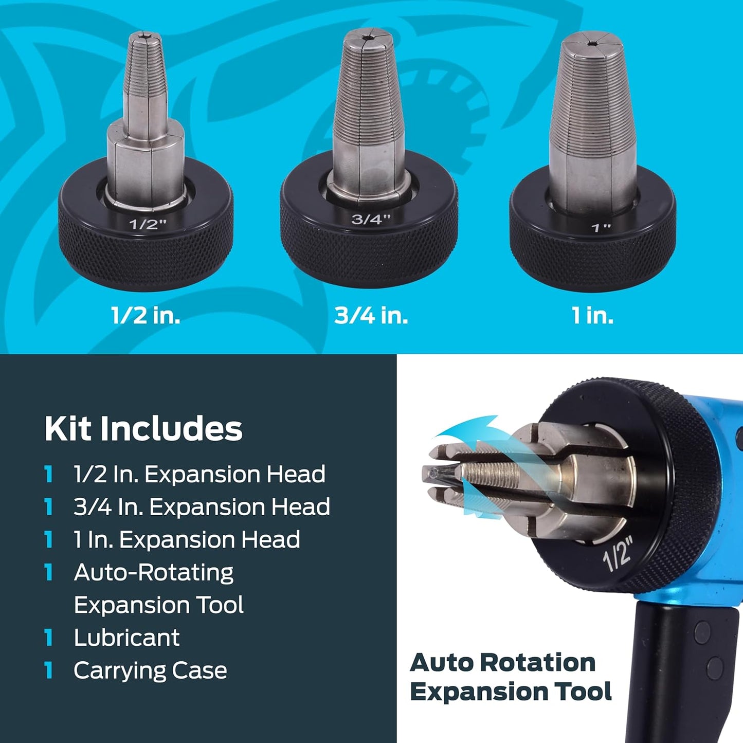 SharkBite PEX-A Expansion Tool Kit, Includes 1/2 inch, 3/4 inch, and 1 inch Expansion Heads, Auto-Rotating Expansion Tool, Lubricant and Carrying Case