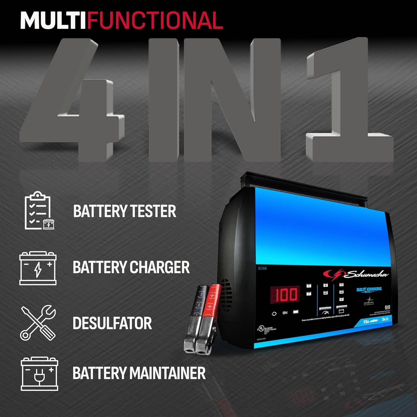 Schumacher Electric Rapid Battery Charger and Maintainer, SC1359, 4-in-1, Fully Automatic, Battery Tester, 15 Amps, 6 Volt, 12 Volt, for Car, SUV, Truck, and Marine Batteries