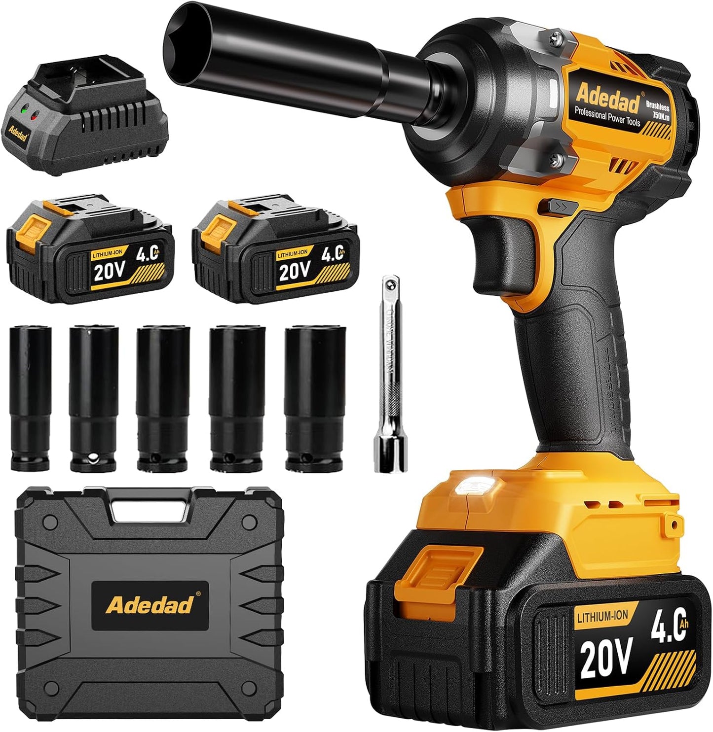 1000N.m Cordless Impact Wrench 1/2 inch,20V 740ft-lbs High Torque Impact Gun with 2 x 4.0 AH Batteries,Sockets and Case,Brushless Power Impact Driver for Automotive and Heavy Duty Use