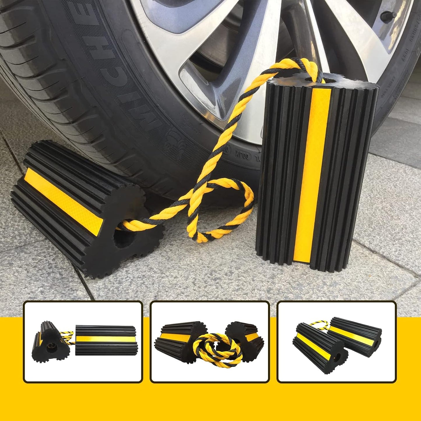 2 Pair Rubber Heavy Duty Dual Wheel Chocks Front and Back, RV Leveling Blocks Non Slip Base with Nylon Rope Yellow Reflective Tape for Travel Trailers, Car, Camper, Truck (4 Pack)