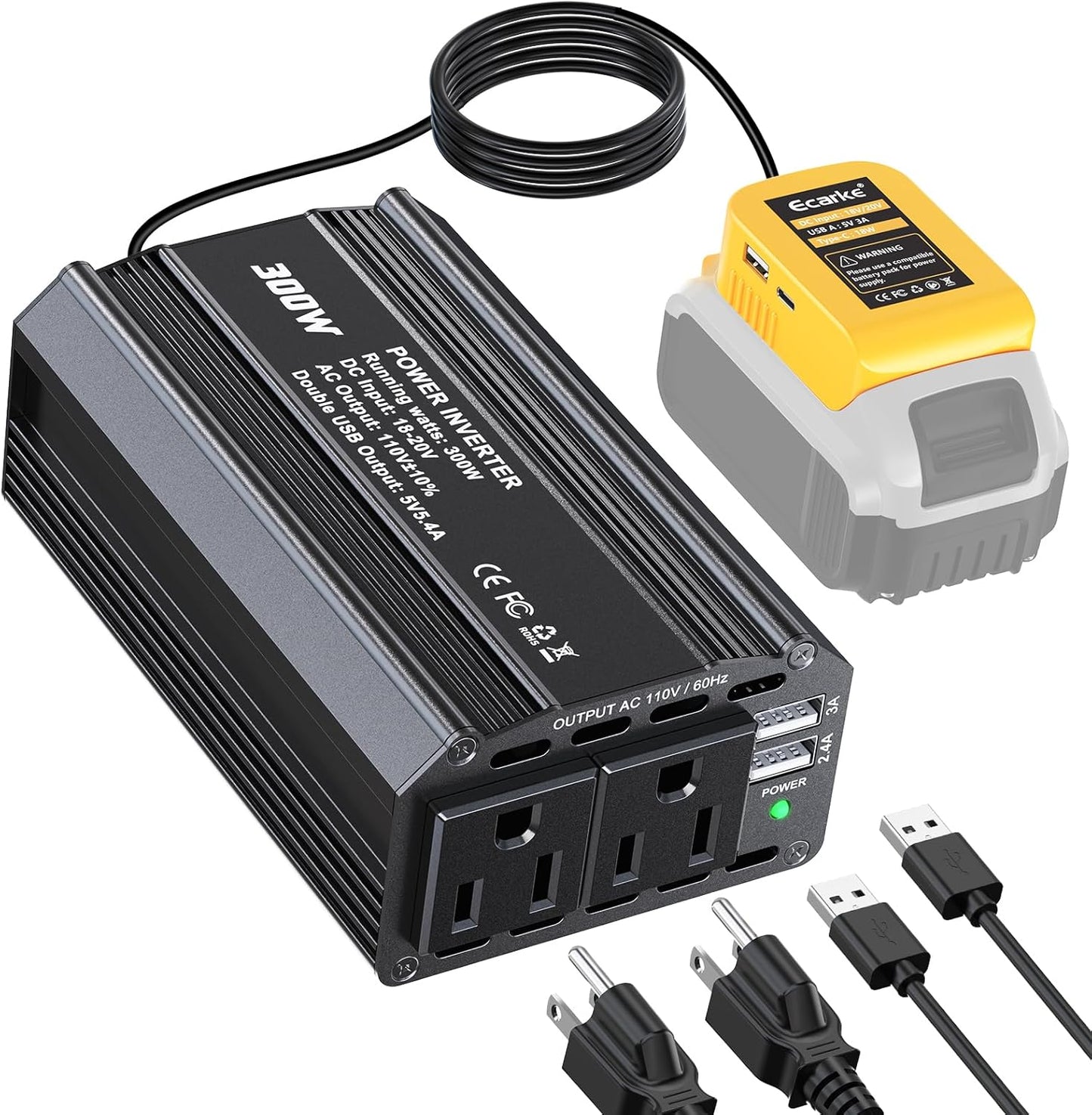 350W Power Inverter Compatible with DeWalt 20V Batteries: Ecarke Portable Power Outlet 2 AC Outlets 2 USB Phone Charger 2 Type-C, Generator DC 18V to AC 110V - Battery Adapter LED Light RGB Light