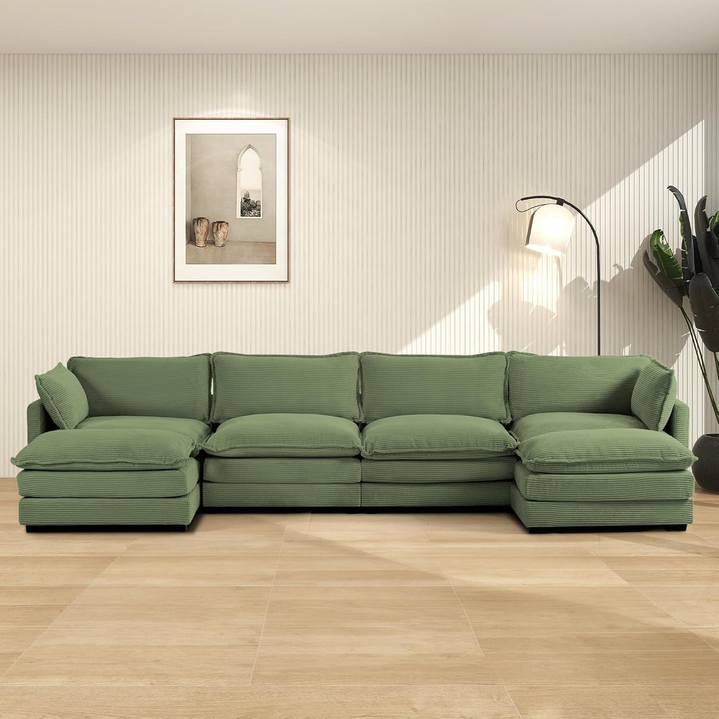 ROWHY Oversized Modular Sectional Sofa with Movable Ottoman, 112 Inch 4 Seat Modern Corduroy Sofa Set, Convertible L Shaped Couch for Living Room and Office, Beige