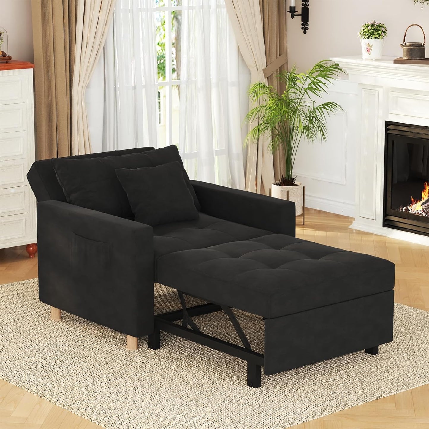 31.5" Sleeper Chair, Convertible Chair Bed for Adults, 3-in-1 Pull Out Sofa Chair with Side Pocket, Pillow and Adjustable Backrest for Small Space, RV, Apartment, Living Room, Dark Grey