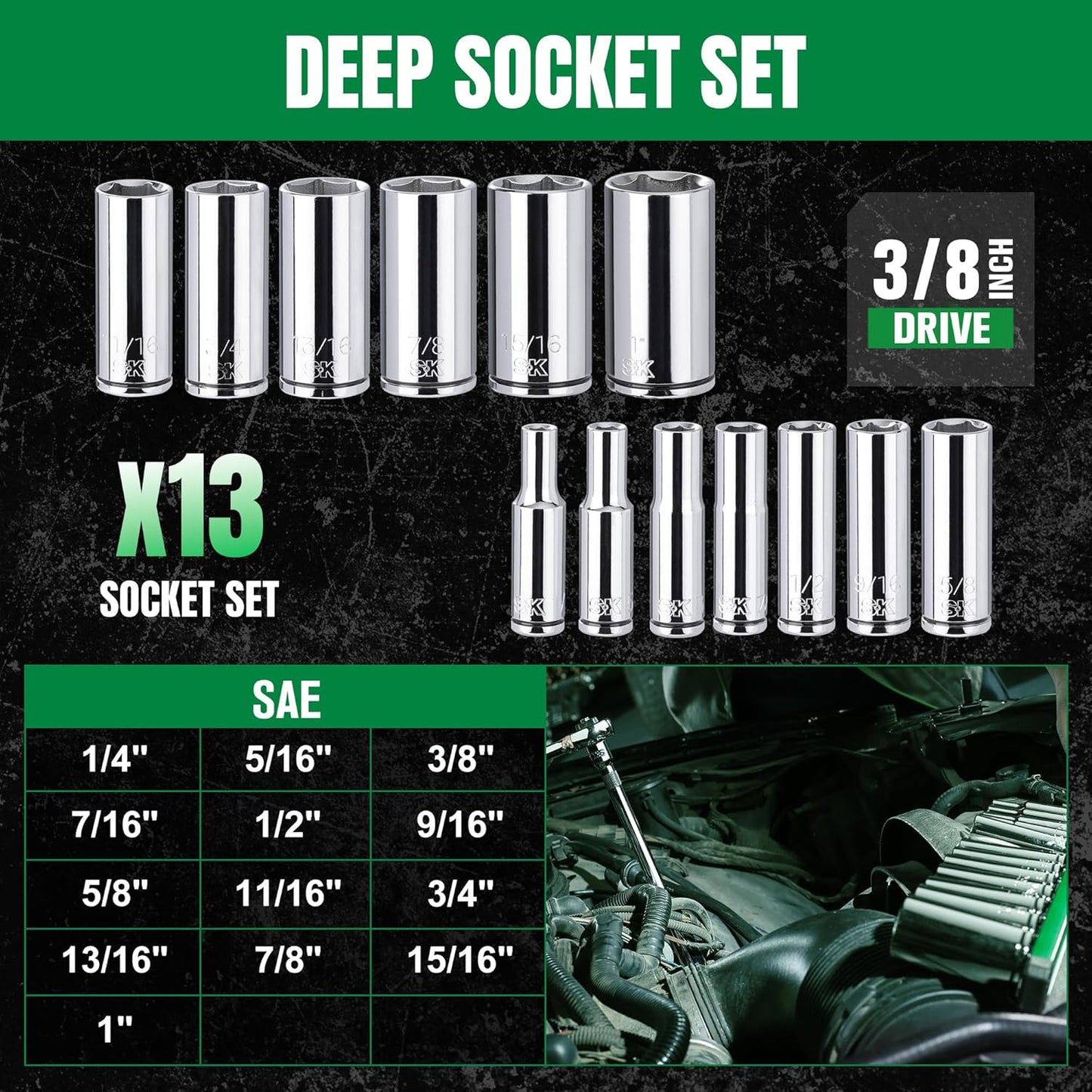 SK 3/8" Drive Socket Set, Deep SAE Sockets, 13-Piece 1/4" to 1", SuperKrome Finish, Premium CR-V Construction, with Aluminum Socket Organizer