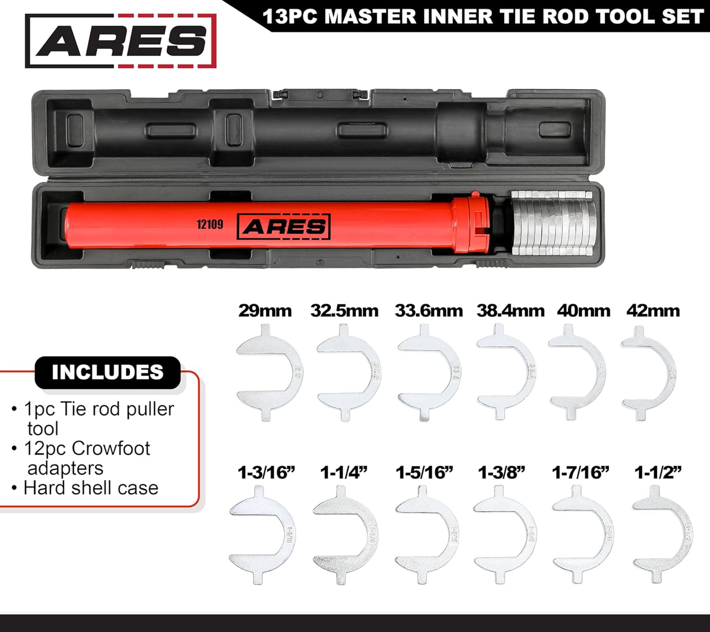 ARES 12109 – 13 Piece Master Inner Tie Rod Tool Set – Includes 12 Chrome Moly Crowfoot Wrench Adapters – Service Inner Tie Rods Without Removing Rack and Pinion – Includes Storage Case