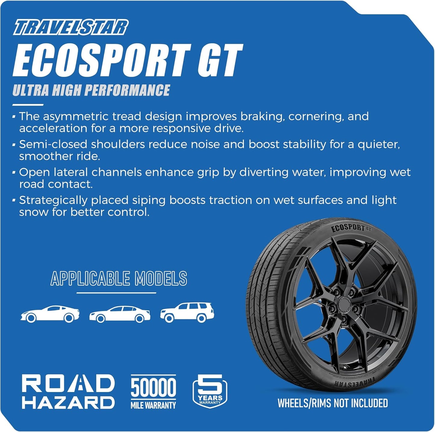Set of 4 (Four) Travelstar Ecosport GT Ultra High-Performance All Season Passenger Tire Set 275/50R22 275/50/22 275/50R22 111V Dual Tread Design for Sports Cars & Luxury Sedans[TIRE ONLY]