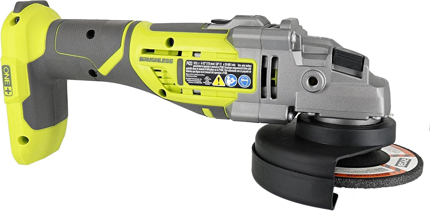 Ryobi P423 18V One+ Brushless 4-1/2" 10,400 RPM Grinder and Metal Cutter w/ Adjustable 3-Position Side Handle and Onboard Spanner Wrench (Battery Not Included, Power Tool Only)