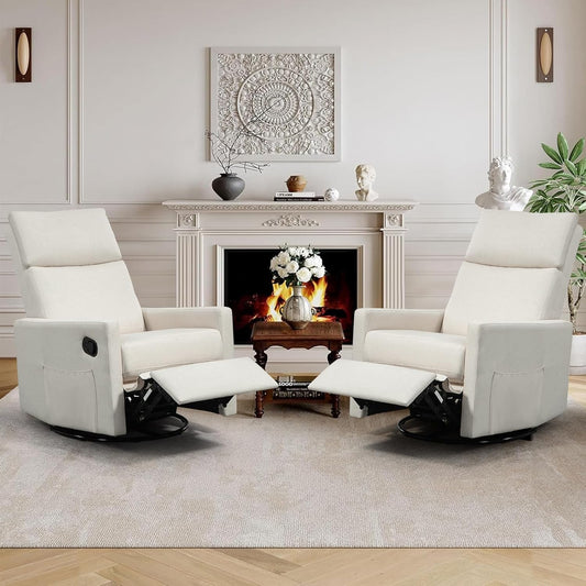 Swivel Rocker Recliner Chairs Set of 2, Upholstered Fabric Nursery Rocking Glider Chair with Adjustable Backrest and Footrest, Lay Flat Recliner Single Lazy Sofa for Living Room(Beige)