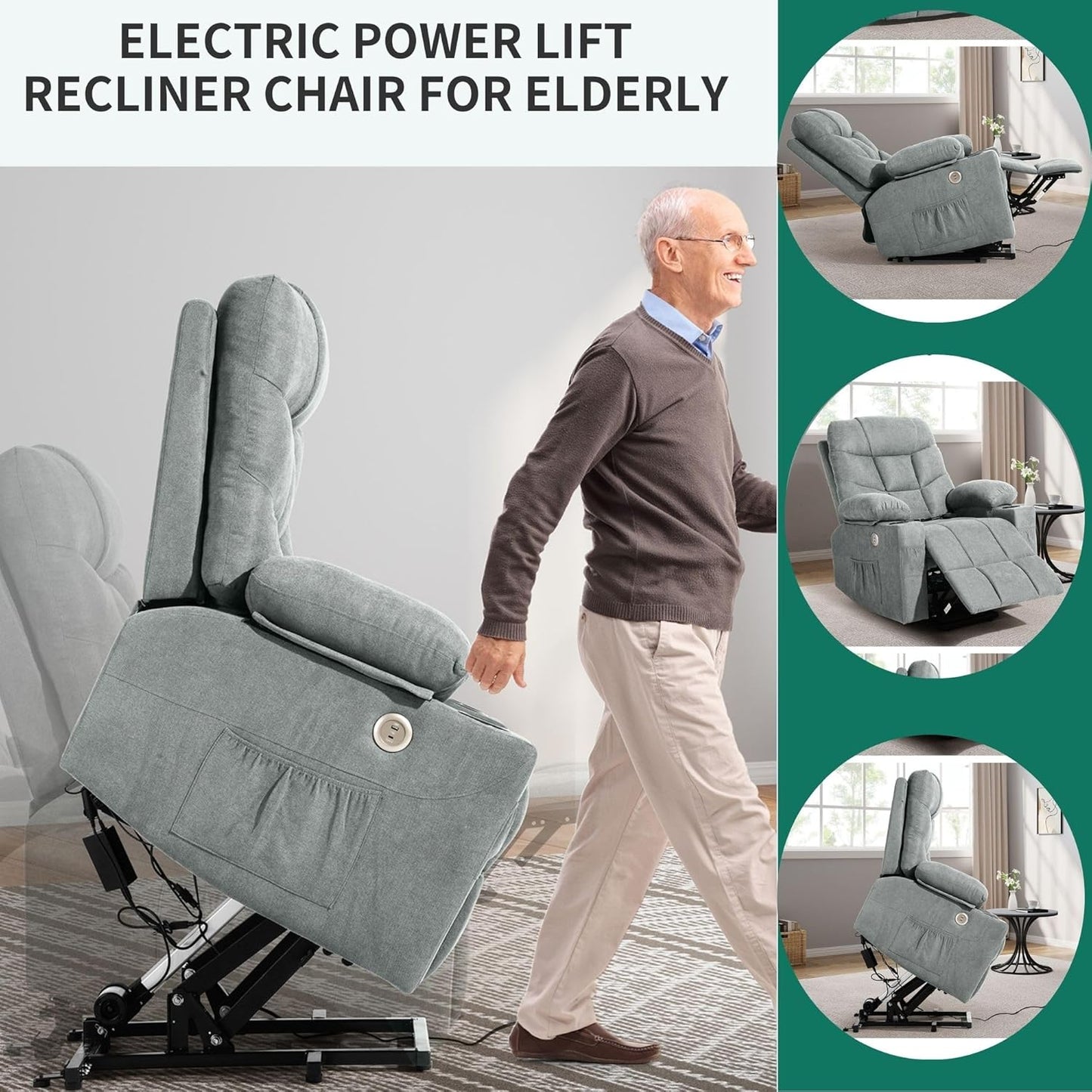 YITAHOME Power Lift Recliner with Massage and Heat, Fabric Recliner Chair with USB Ports and Side Pockets, Remote Control and Two Cup Holders, Suitable for Living Room, Grey3