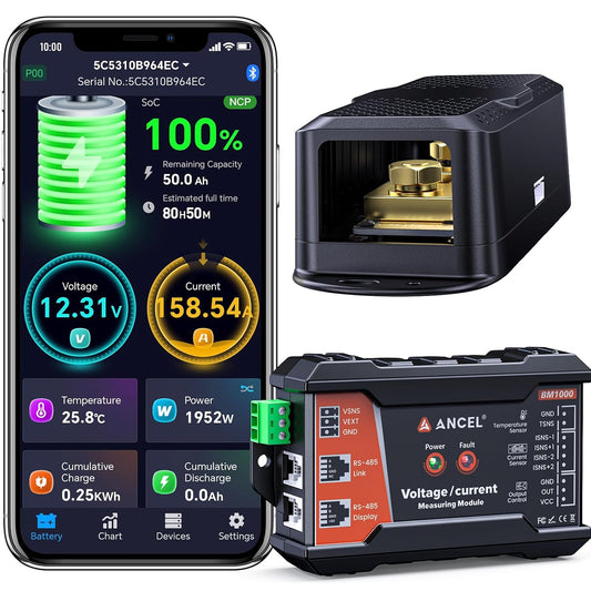 ANCEL BM1000 400A Bluetooth Battery Monitor with Shunt, Wireless Smart Battery Meter for RV, Solar, Marine, Off-Grid Systems, DC 10-120V Voltage, Accurate Current/Ah/SOC Tracking via App