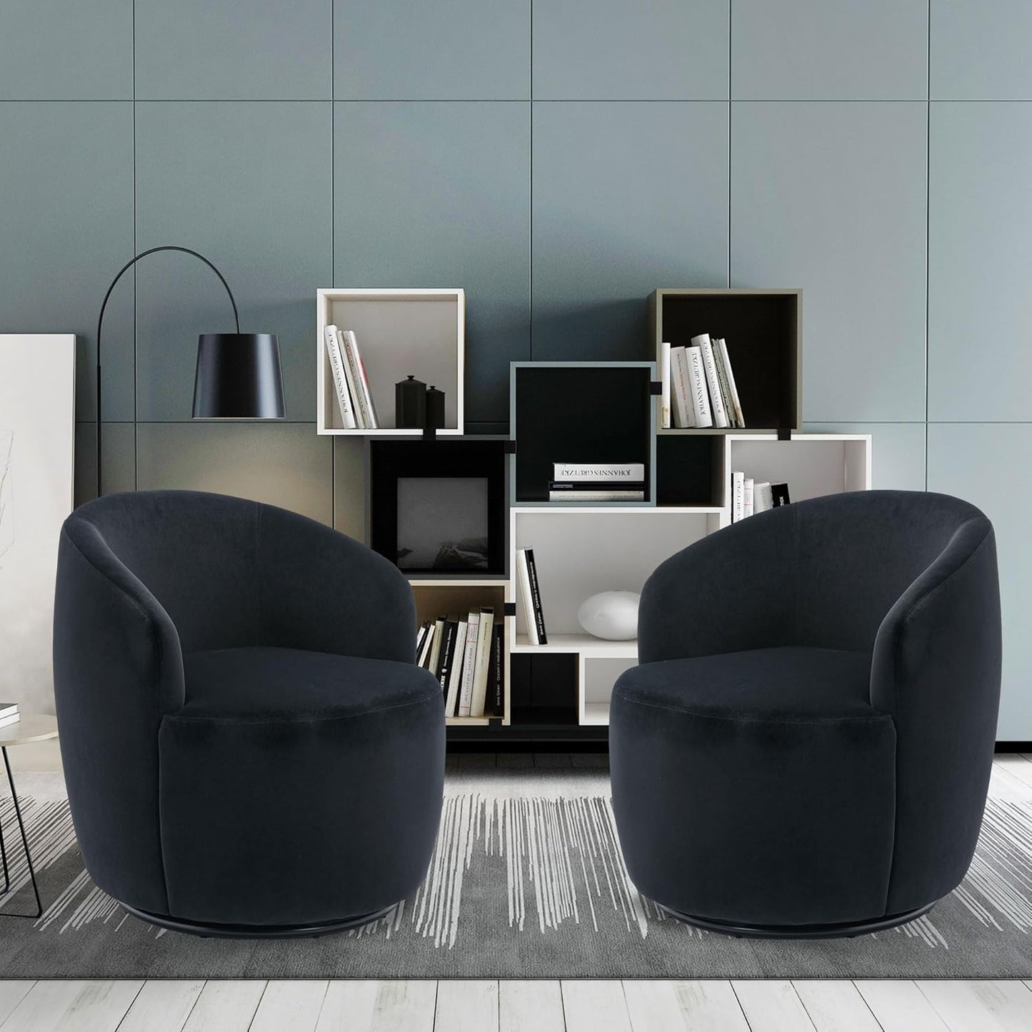 Swivel Accent Chairs Set of 2, Modern Round Vanity Chair for Living Room, Comfy Velvet Barrel Armchair, Small Single Sofa, Blue
