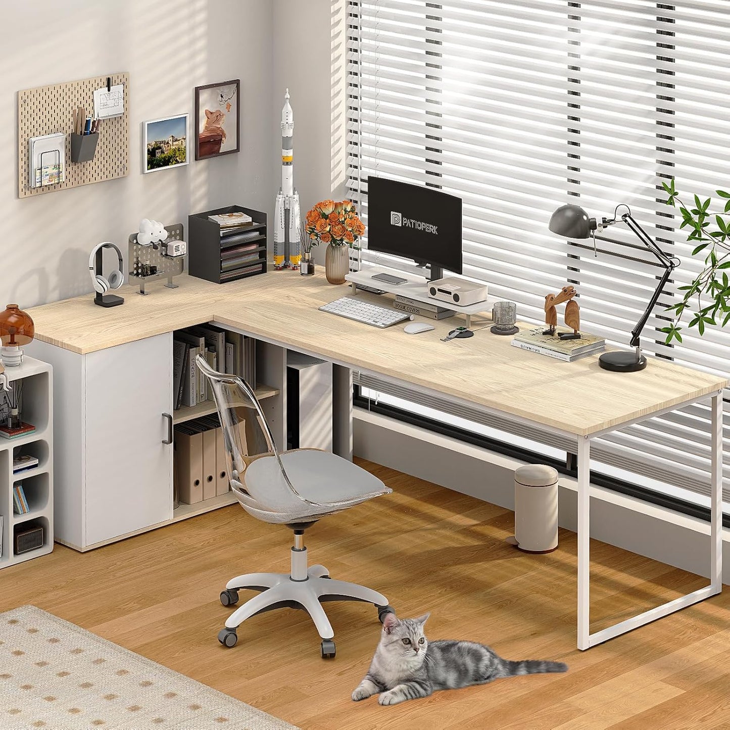 71" L Shaped Executive Desk, Executive Office Desk with File Cabinet and Power Outlet, Large Computer Table with Shelves, Business Furniture Workstation for Home Office (Oak & White)