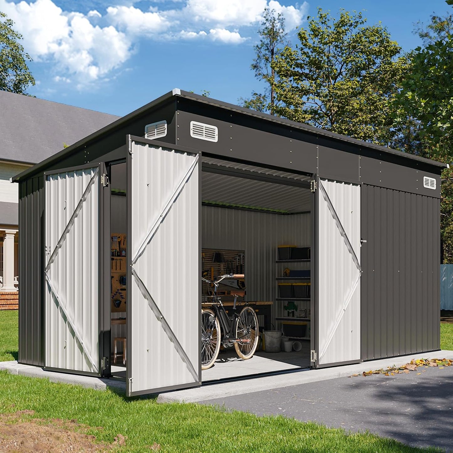 8'x4' Shed Galvanized Steel Storage Sheds with Triple Doors Utility Sheds for Vertical Storage, Dual Lock Lean to Shed with Sloped Roof for Mower, Bike, Garden Tools (Black)