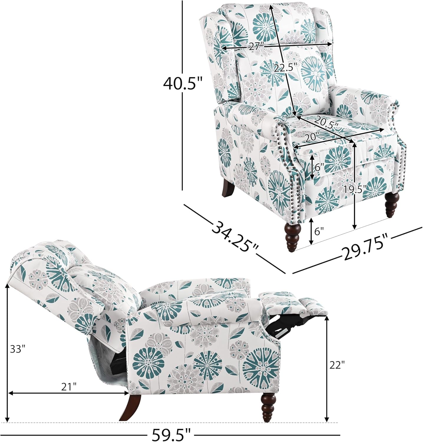 Christopher Knight Home 29.75" Push Back Recliner Chair,Upholstered Recliner Armchair with Classic Wing Back and Solid Gourd-Shaped Wooden Legs, White&Blue