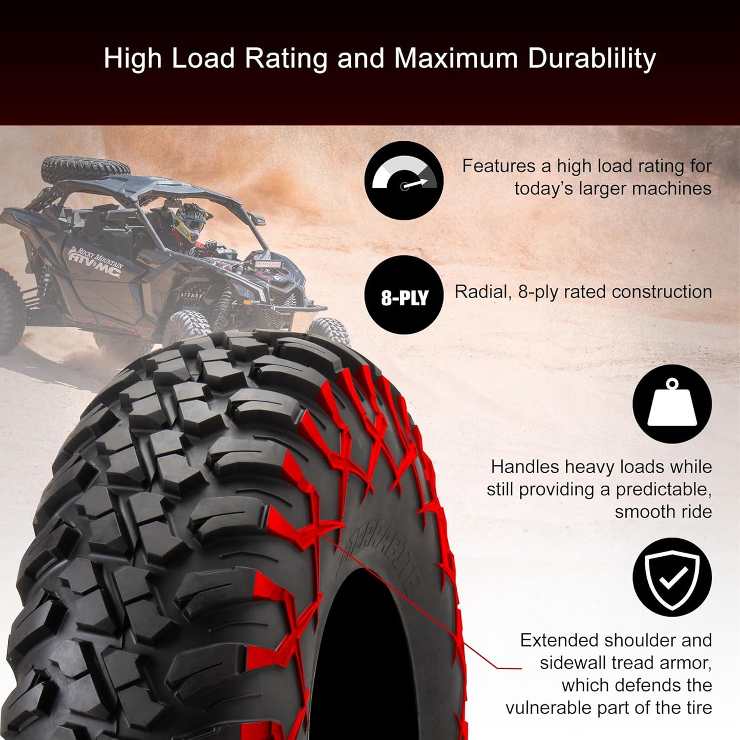 Tusk Terrabite Set of 4 UTV/ATV Tires – 29x9-14 Front & 29x11-14 Rear – 8-Ply Rated Radial Construction, ¾″ Deep Tread, Medium-Hard Terrain, High Load Capacity, Heavy Duty Sidewall Tread Armor