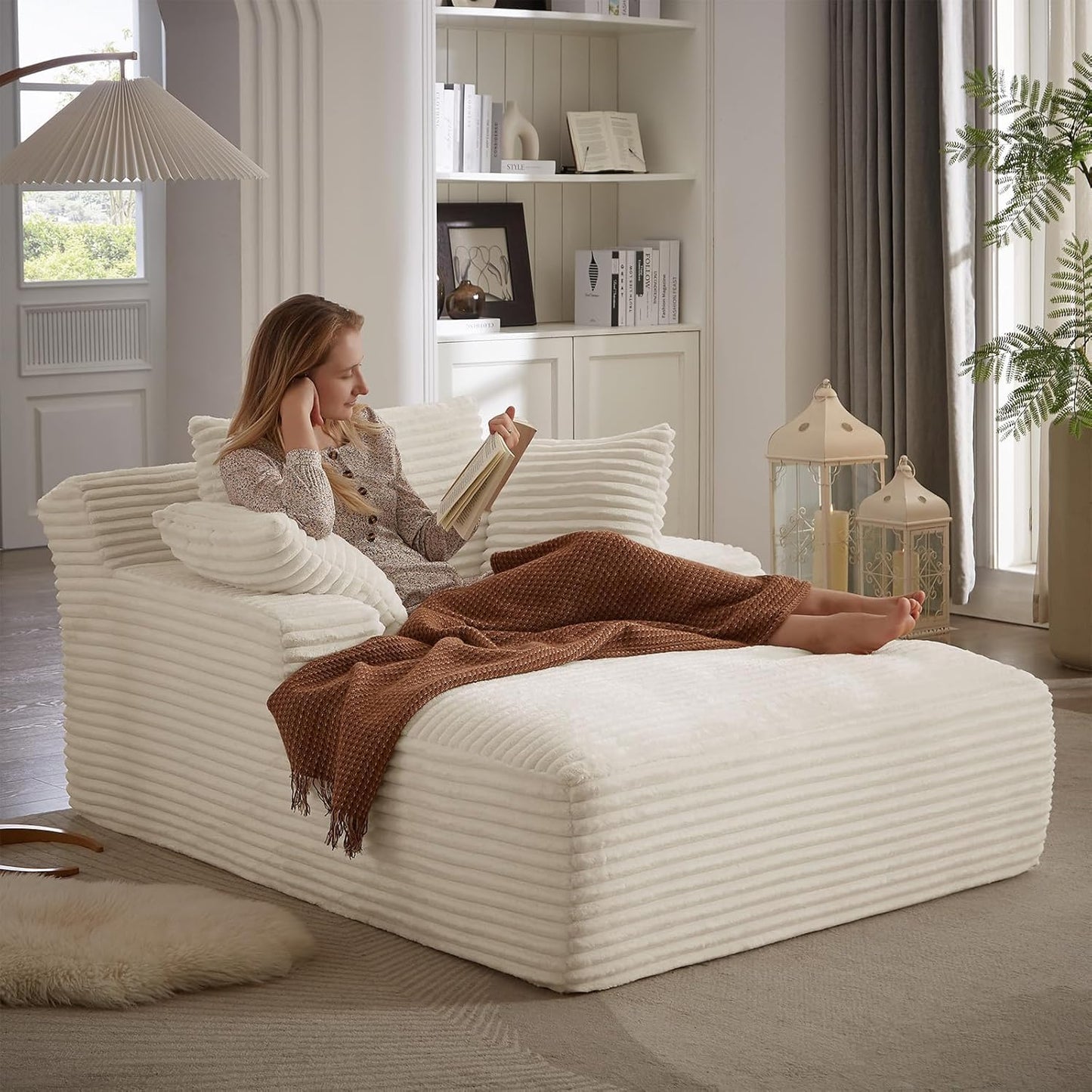 50" W Oversized Boneless Chaise Lounge Sofa Chair Indoor, Corduroy Plush Reading Cloud Couch, No Assembly Single Floor Sleeper Chair Bed for Living Room Apartment Office Small Spaces