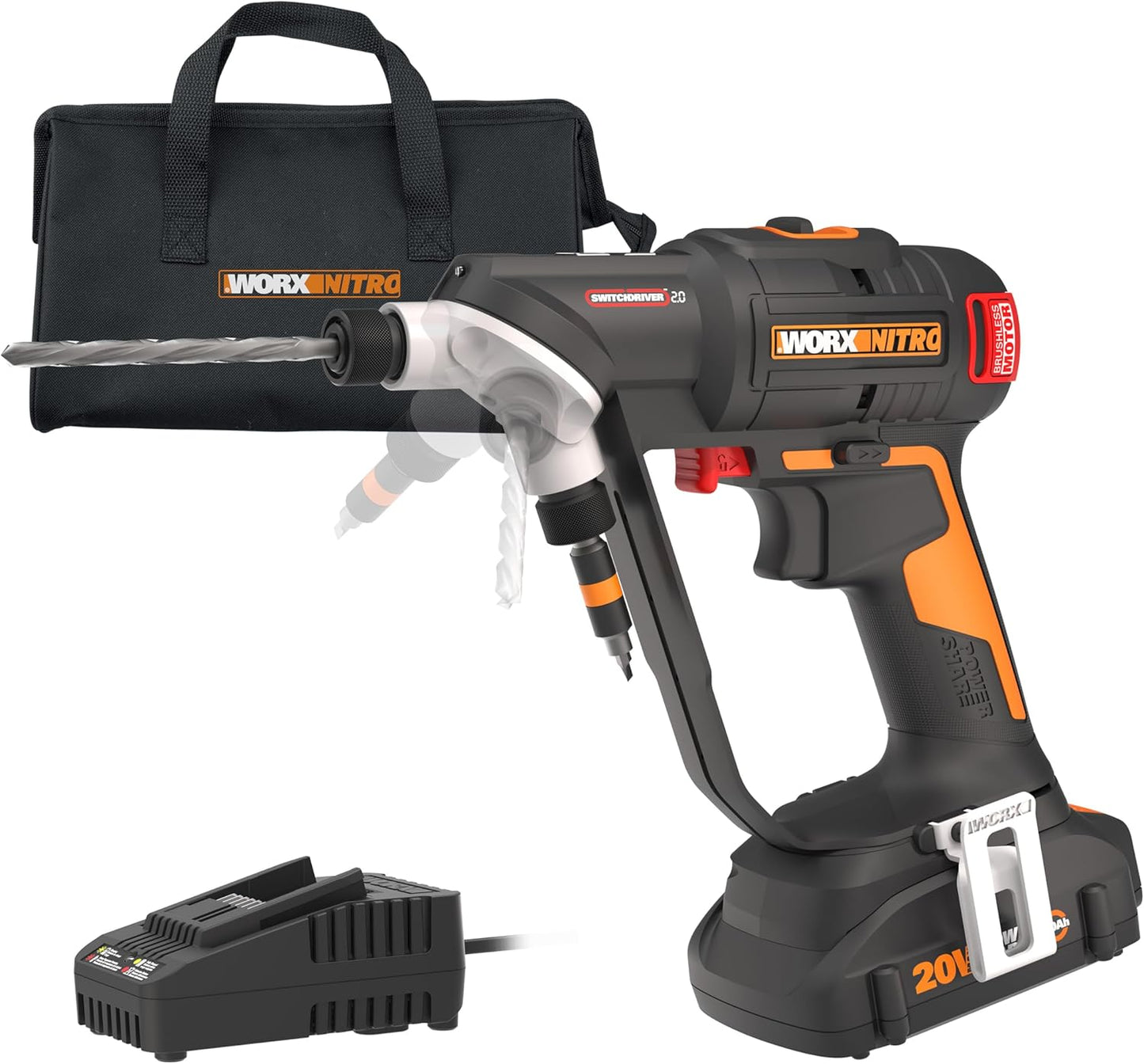 WORX Nitro 20V SwitchDriver 2.0 with 85 pc Accessory Kit, 2-in-1 Brushless Cordless Drill Driver, Drill Set Rotatable Dual 1/4" Chucks, WX177L.2 – (Battery & Charger Included)