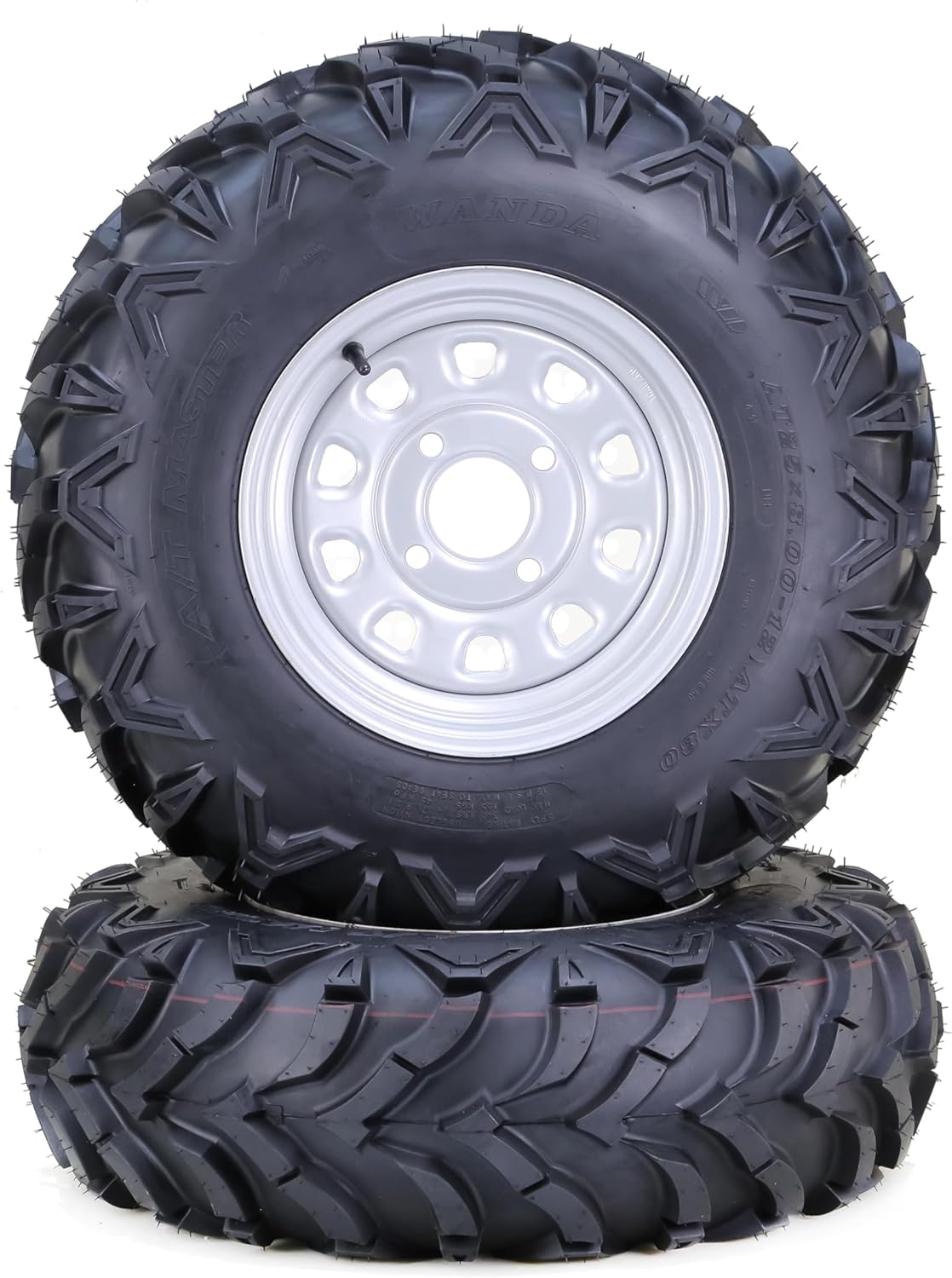 WANDA 25x8-12 Solid Mud ATV Tires and Wheels Assembly with 4-110 PCD 5+2 Silver Rims, SET 2