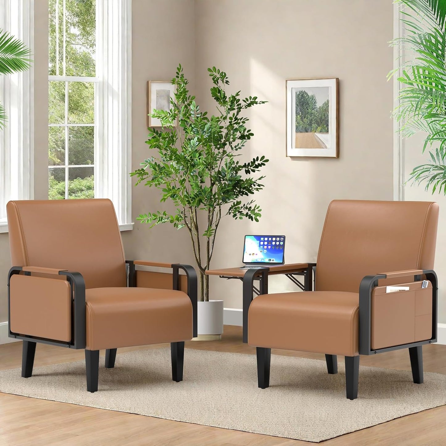 Upholstered Accent Chairs Set of 2, Faux Leather Armchair with Tray Table, Comfy Reading Chair for Living Room, Bedroom, Guest Room, Gray
